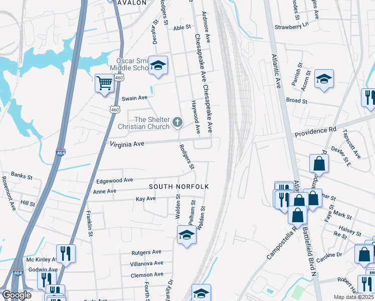 map of restaurants, bars, coffee shops, grocery stores, and more near 2723 Rodgers Street in Chesapeake