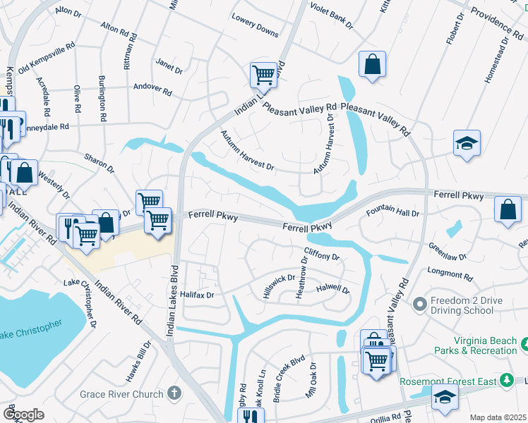 map of restaurants, bars, coffee shops, grocery stores, and more near 1504 Macnean Circle in Virginia Beach