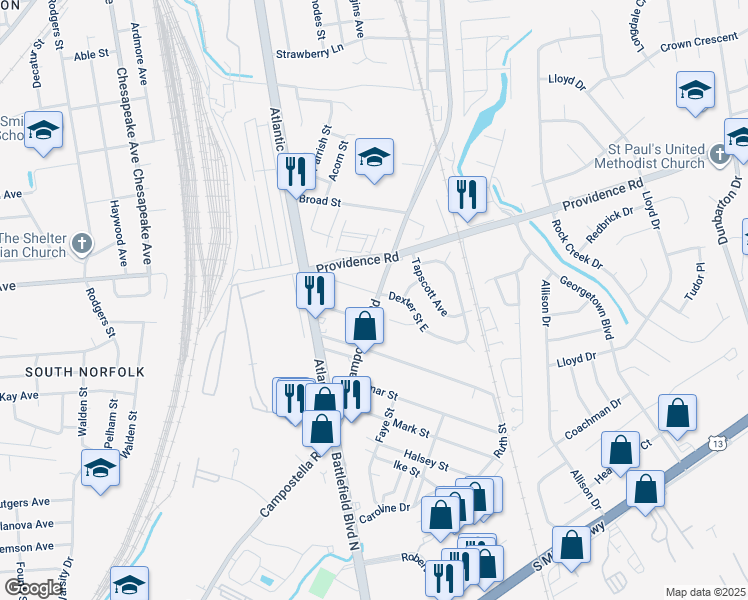 map of restaurants, bars, coffee shops, grocery stores, and more near 2166 Campostella Road in Chesapeake