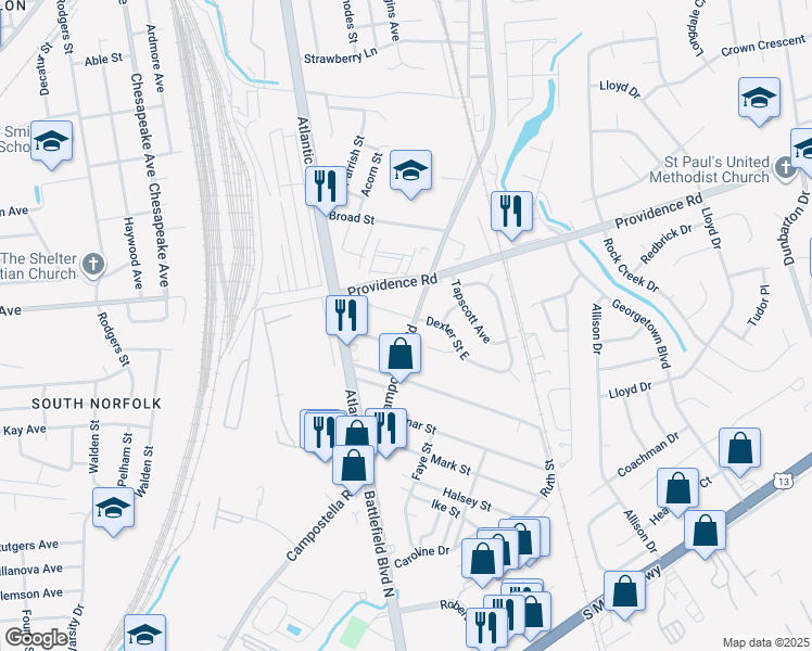 map of restaurants, bars, coffee shops, grocery stores, and more near 2166 Campostella Road in Chesapeake