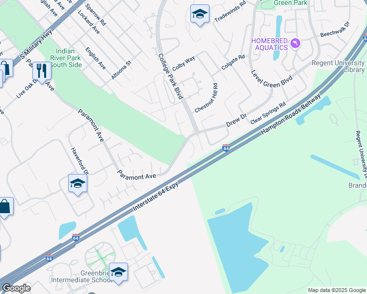 map of restaurants, bars, coffee shops, grocery stores, and more near 6421 Paramont Avenue in Chesapeake