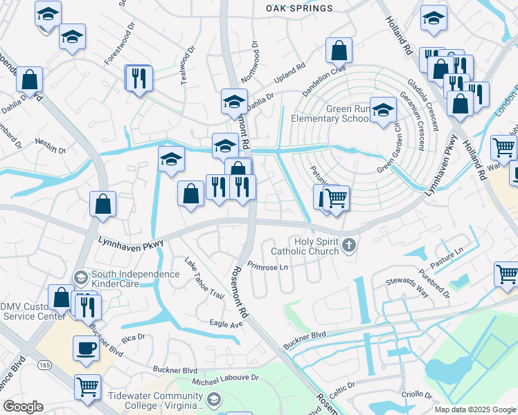 map of restaurants, bars, coffee shops, grocery stores, and more near 3553 Sierra Arch in Virginia Beach