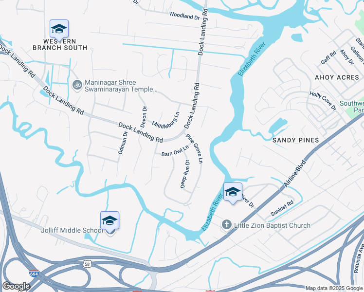 map of restaurants, bars, coffee shops, grocery stores, and more near 1611 Dock Landing Road in Chesapeake