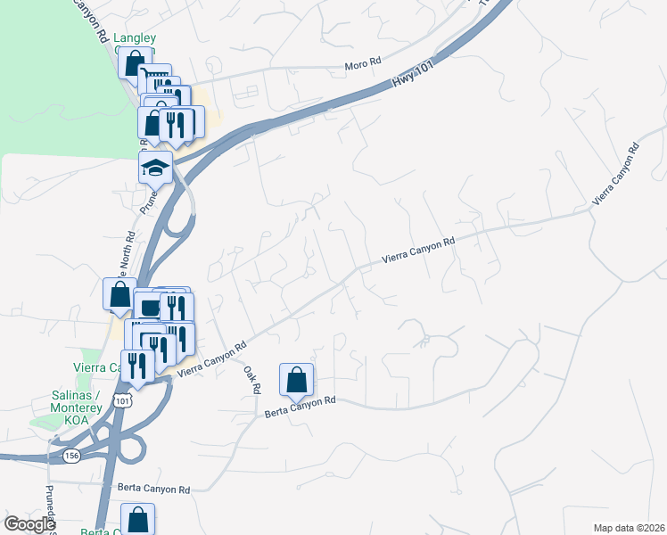 map of restaurants, bars, coffee shops, grocery stores, and more near 8300 Vierra Knolls Drive in Salinas