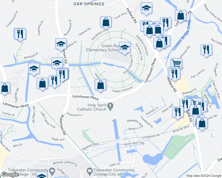 map of restaurants, bars, coffee shops, grocery stores, and more near 3460 Poppy Crescent in Virginia Beach