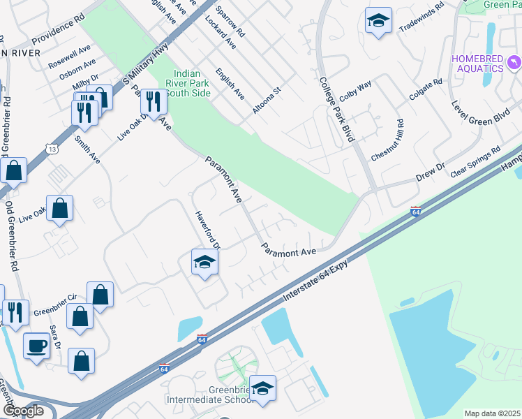 map of restaurants, bars, coffee shops, grocery stores, and more near 9 Corby Circle in Chesapeake
