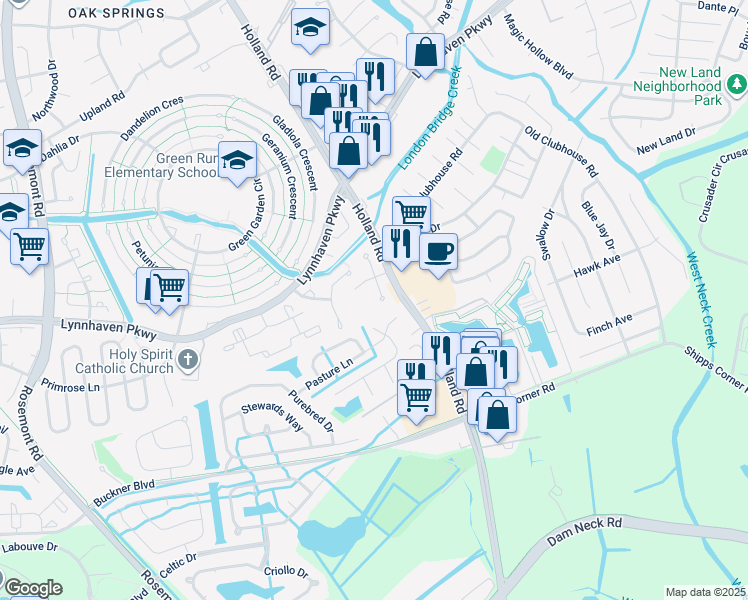 map of restaurants, bars, coffee shops, grocery stores, and more near 1325 White Birch Lane in Virginia Beach