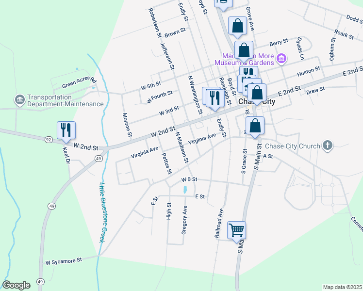 map of restaurants, bars, coffee shops, grocery stores, and more near 401 Virginia Avenue in Chase City