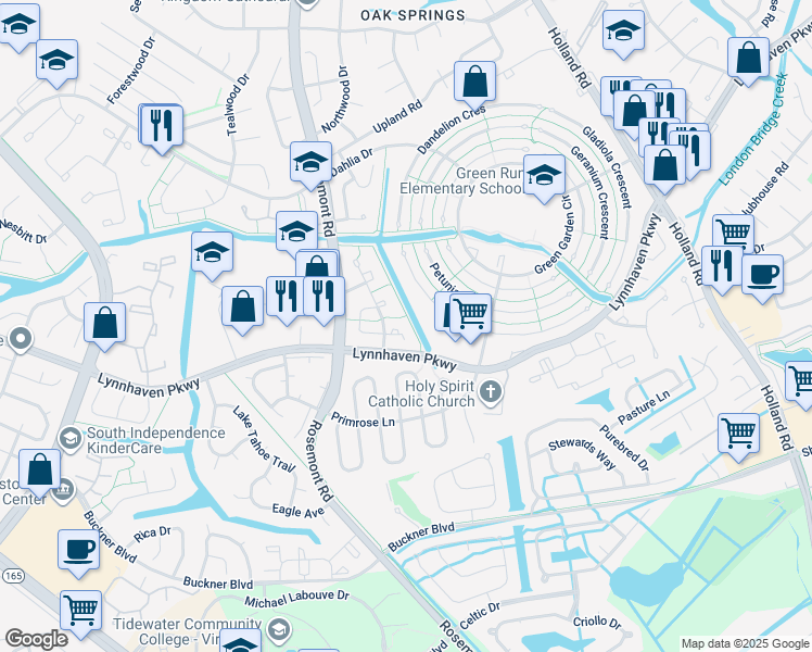 map of restaurants, bars, coffee shops, grocery stores, and more near 1416 Sierra Drive in Virginia Beach