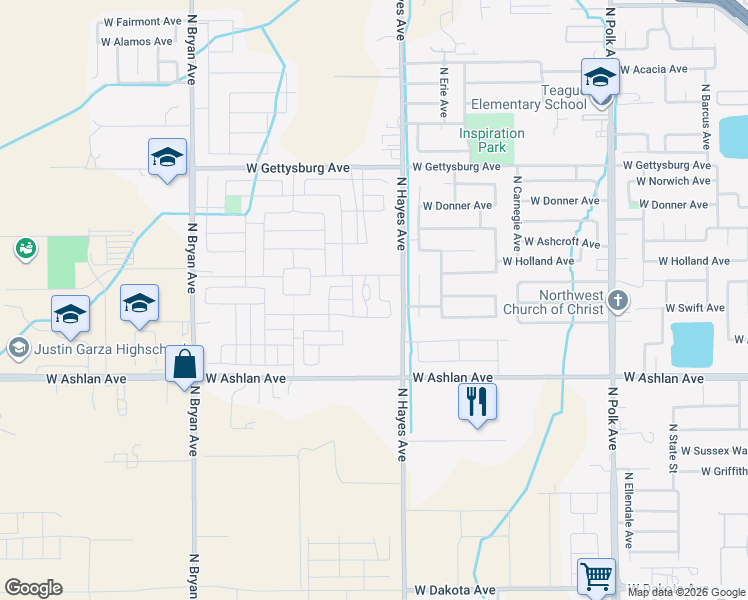 map of restaurants, bars, coffee shops, grocery stores, and more near 4191 North Hayes Avenue in Fresno