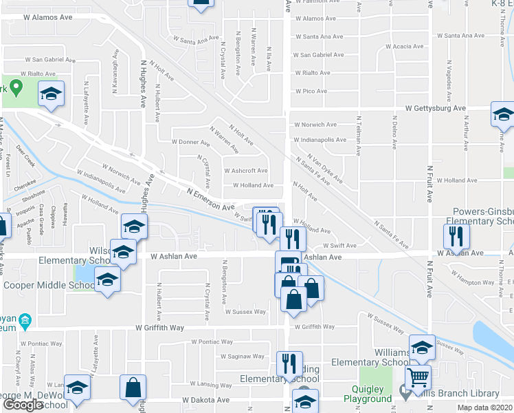 map of restaurants, bars, coffee shops, grocery stores, and more near 4320 North Emerson Avenue in Fresno