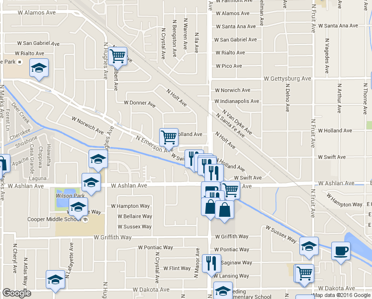map of restaurants, bars, coffee shops, grocery stores, and more near 4320 North Emerson Avenue in Fresno