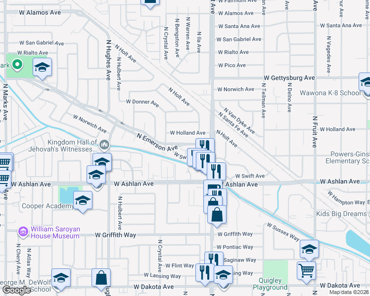 map of restaurants, bars, coffee shops, grocery stores, and more near 4320 North Emerson Avenue in Fresno