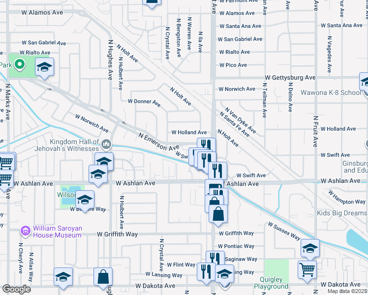 map of restaurants, bars, coffee shops, grocery stores, and more near 4320 North Emerson Avenue in Fresno
