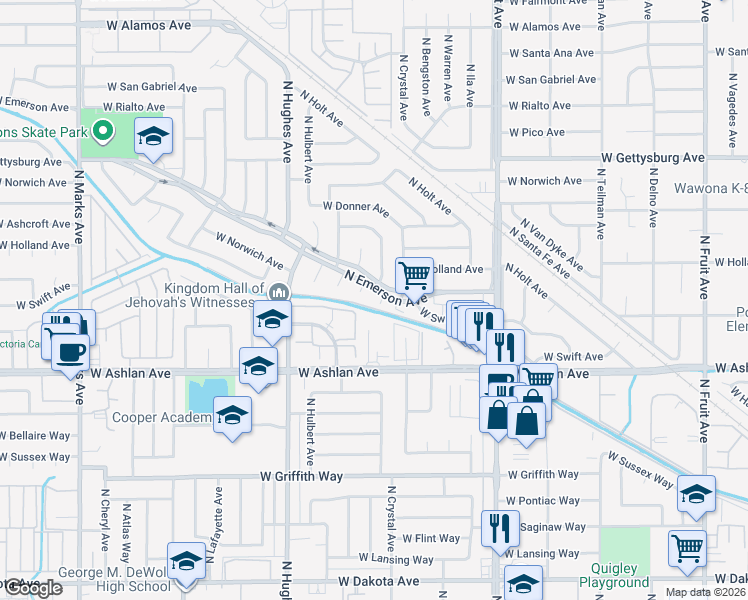 map of restaurants, bars, coffee shops, grocery stores, and more near 4364 North Hacienda Drive in Fresno
