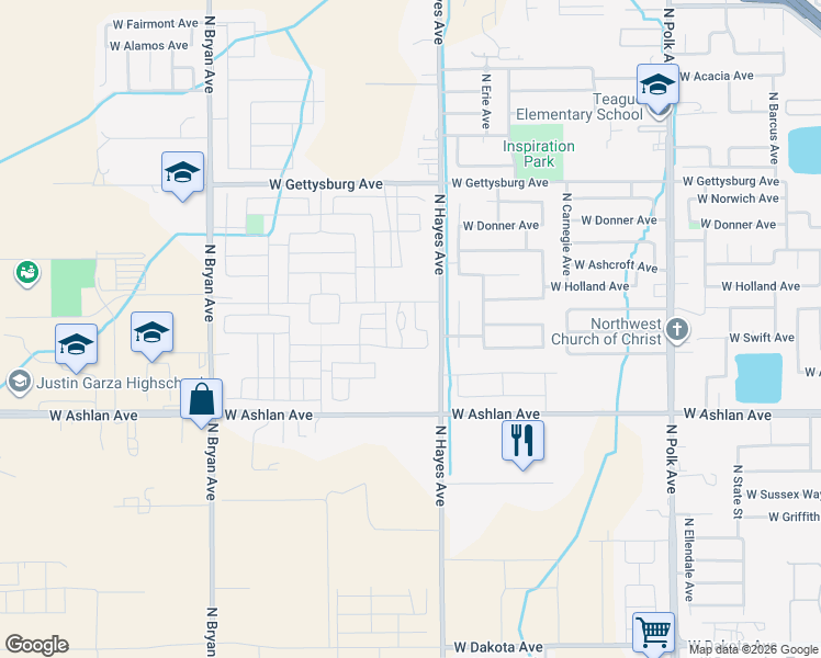 map of restaurants, bars, coffee shops, grocery stores, and more near 4191 North Hayes Avenue in Fresno