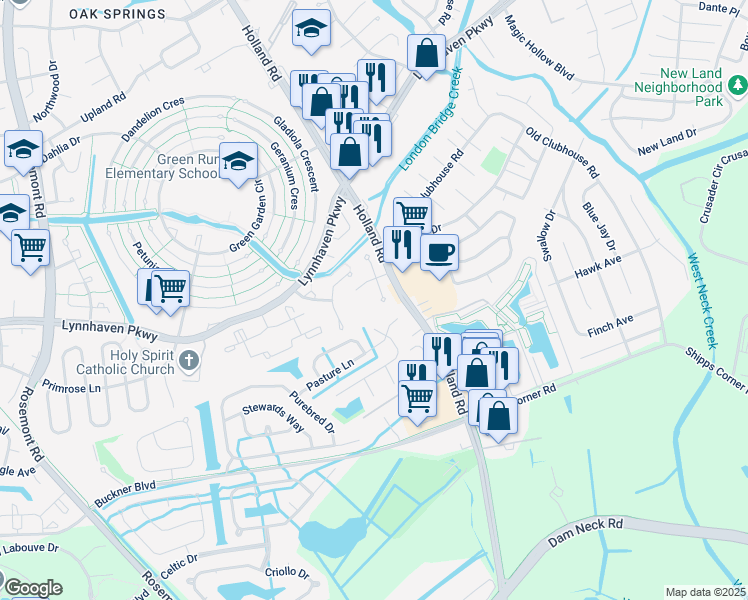 map of restaurants, bars, coffee shops, grocery stores, and more near 1325 White Birch Lane in Virginia Beach