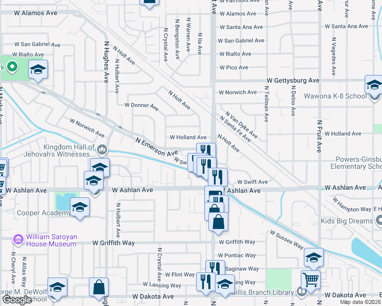 map of restaurants, bars, coffee shops, grocery stores, and more near 4315 North Emerson Avenue in Fresno
