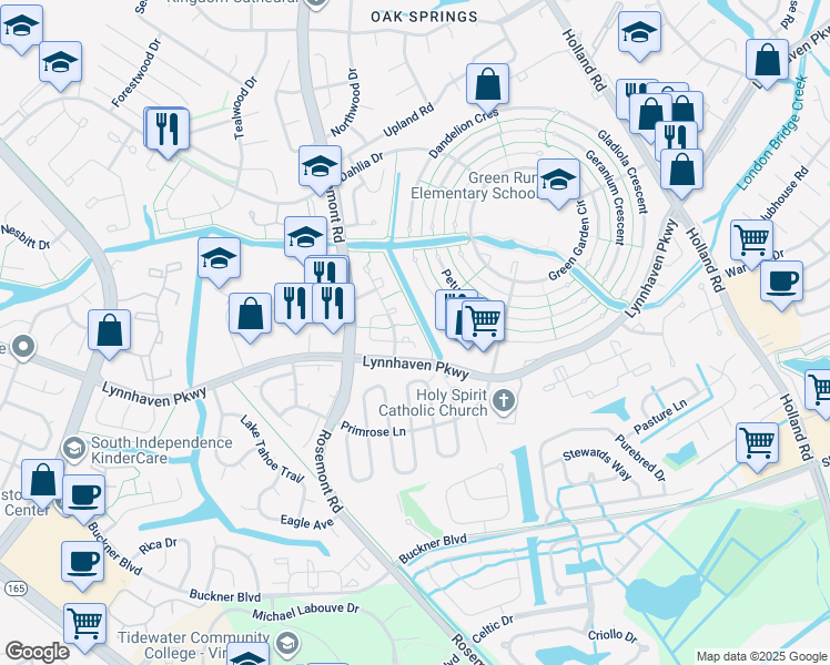 map of restaurants, bars, coffee shops, grocery stores, and more near 1416 Sierra Drive in Virginia Beach