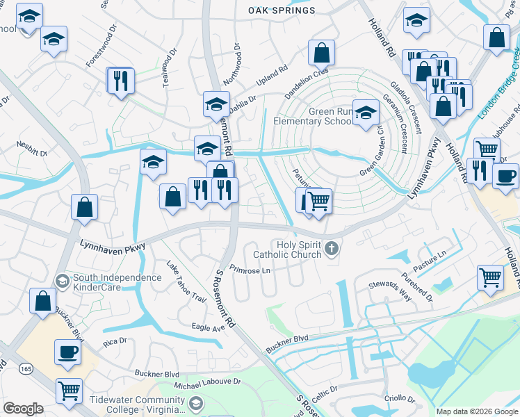map of restaurants, bars, coffee shops, grocery stores, and more near 1386 Sierra Drive in Virginia Beach