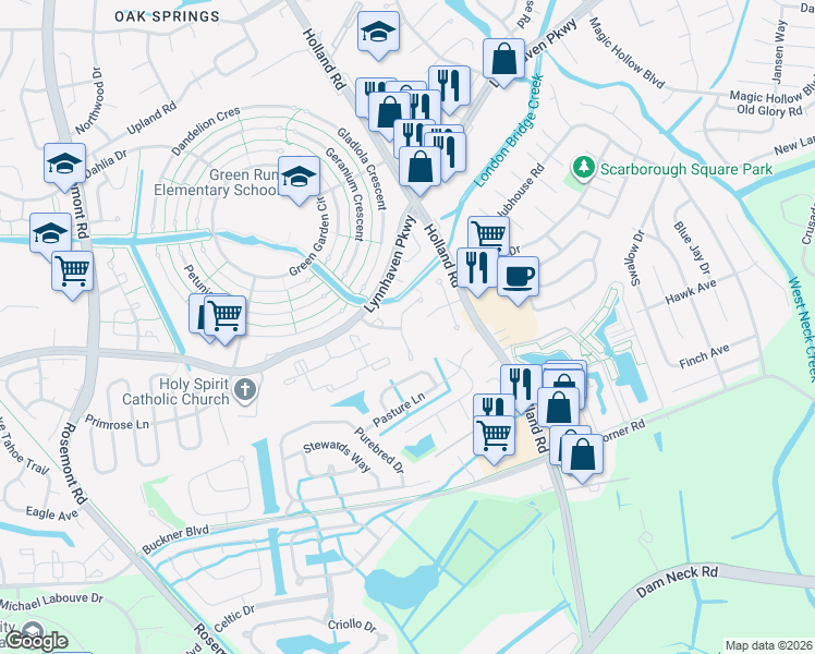 map of restaurants, bars, coffee shops, grocery stores, and more near 1245 Green Cedar Lane in Virginia Beach