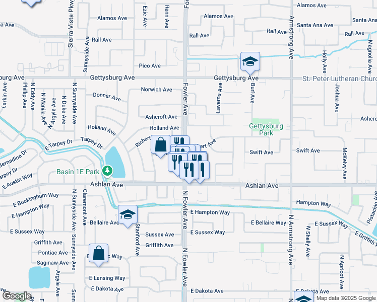 map of restaurants, bars, coffee shops, grocery stores, and more near 3083 Whittier Avenue in Clovis