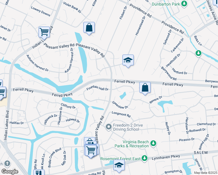 map of restaurants, bars, coffee shops, grocery stores, and more near 4800 Fountain Hall Drive in Virginia Beach