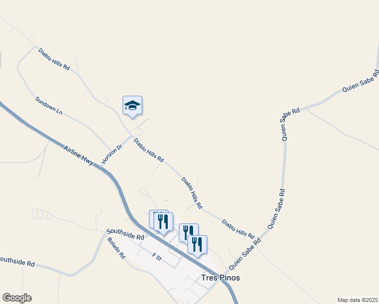 map of restaurants, bars, coffee shops, grocery stores, and more near 5955 Diablo Hills Road in Tres Pinos