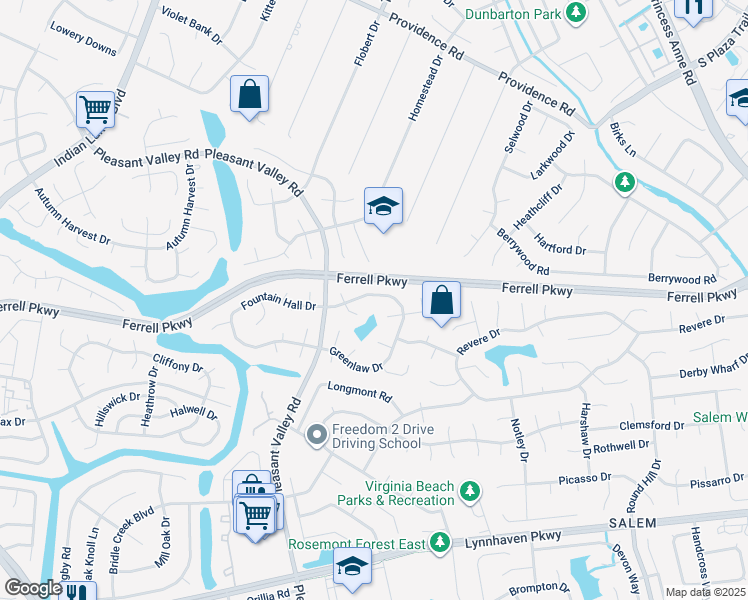 map of restaurants, bars, coffee shops, grocery stores, and more near 4747 Greenlaw Drive in Virginia Beach