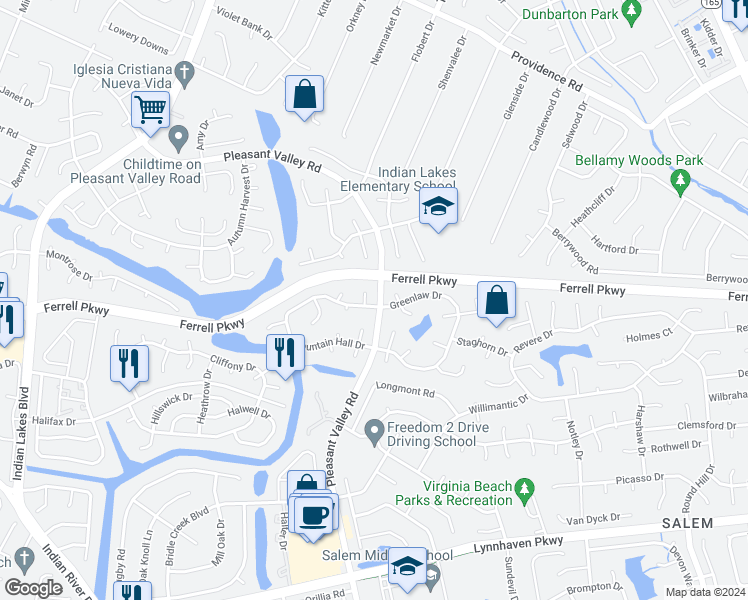 map of restaurants, bars, coffee shops, grocery stores, and more near 4800 Fountain Hall Drive in Virginia Beach