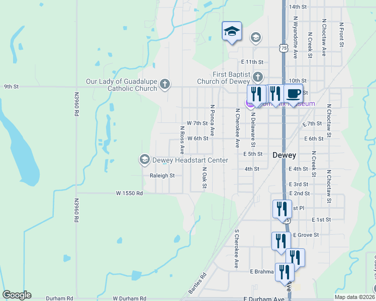 map of restaurants, bars, coffee shops, grocery stores, and more near 517 North Ross Avenue in Dewey