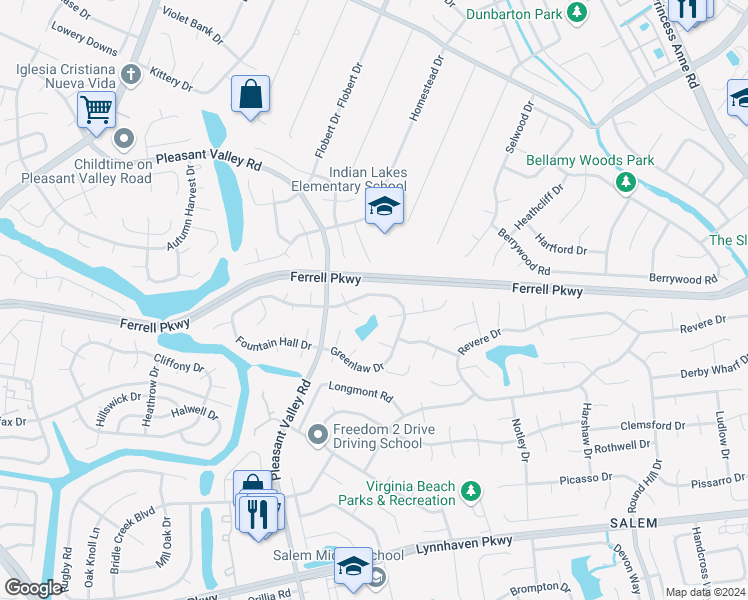 map of restaurants, bars, coffee shops, grocery stores, and more near 4747 Greenlaw Drive in Virginia Beach