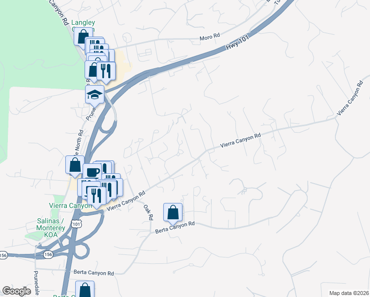 map of restaurants, bars, coffee shops, grocery stores, and more near 8300 Vierra Knolls Drive in Salinas