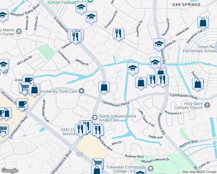 map of restaurants, bars, coffee shops, grocery stores, and more near 1484 Drawbridge Circle in Virginia Beach