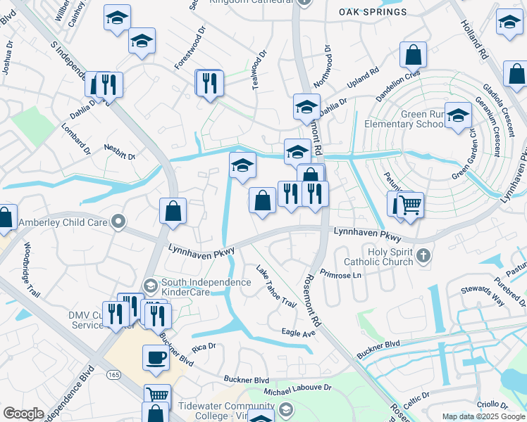 map of restaurants, bars, coffee shops, grocery stores, and more near 1591 Crescent Pointe Lane in Virginia Beach