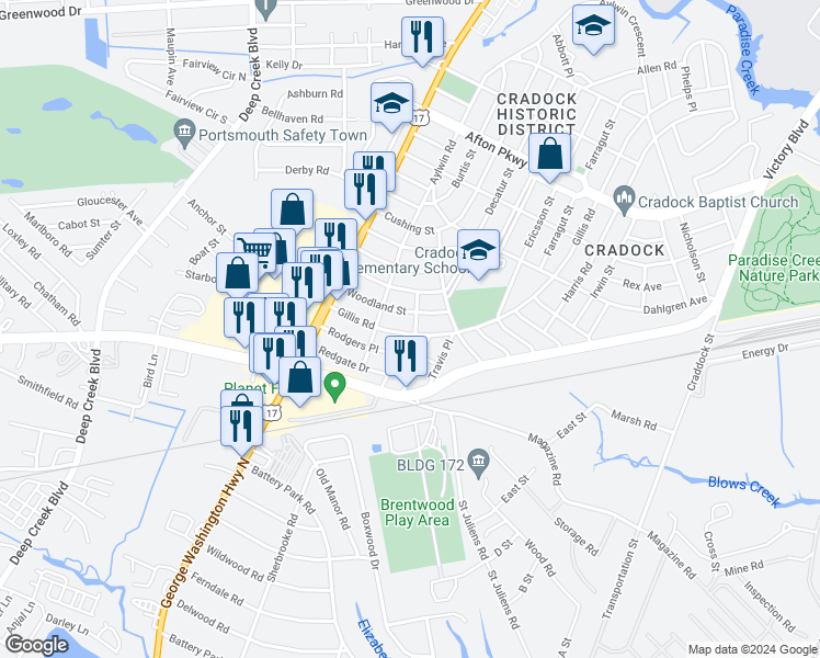 map of restaurants, bars, coffee shops, grocery stores, and more near 153 Gillis Road in Portsmouth