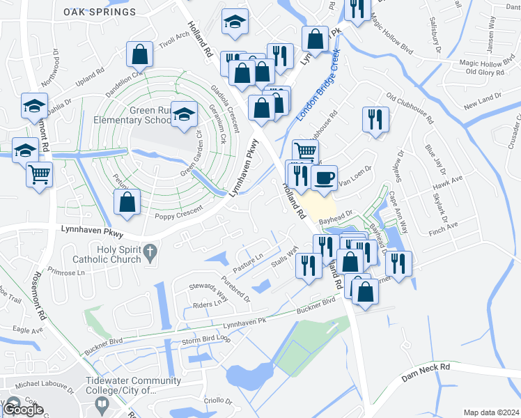 map of restaurants, bars, coffee shops, grocery stores, and more near 1309 Ruddy Oak Court in Virginia Beach