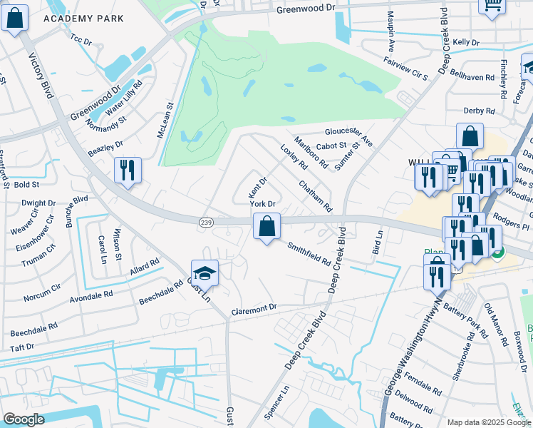 map of restaurants, bars, coffee shops, grocery stores, and more near 2720 Victory Boulevard in Portsmouth