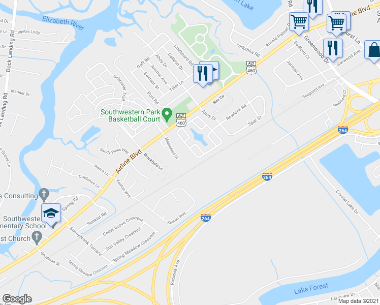 map of restaurants, bars, coffee shops, grocery stores, and more near 4002 River Breeze Circle in Chesapeake