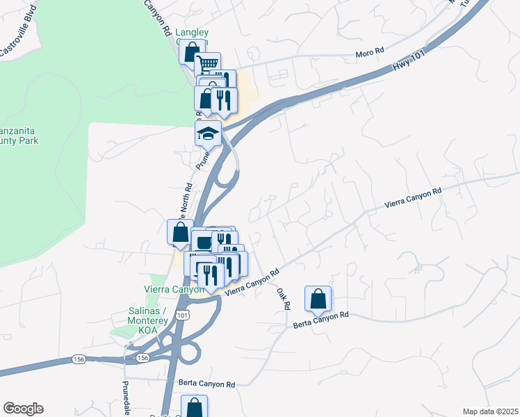 map of restaurants, bars, coffee shops, grocery stores, and more near 17779 Vierra Canyon Road in Salinas
