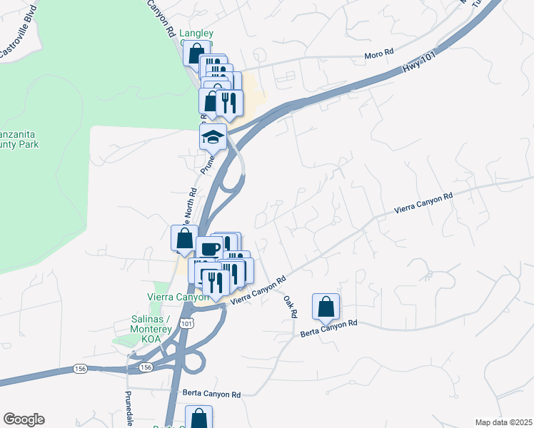 map of restaurants, bars, coffee shops, grocery stores, and more near 17779 Vierra Canyon Road in Salinas