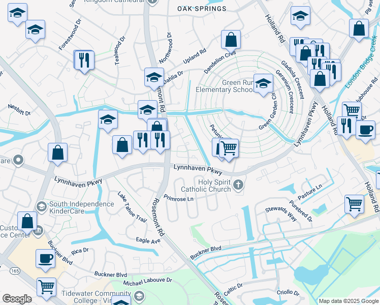 map of restaurants, bars, coffee shops, grocery stores, and more near 1386 Sierra Drive in Virginia Beach