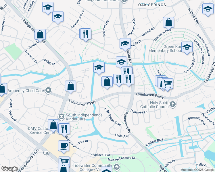 map of restaurants, bars, coffee shops, grocery stores, and more near 1591 Crescent Pointe Lane in Virginia Beach