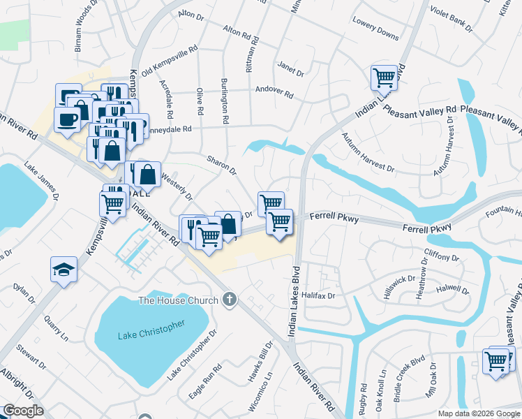 map of restaurants, bars, coffee shops, grocery stores, and more near 1433 Watercrest Court in Virginia Beach