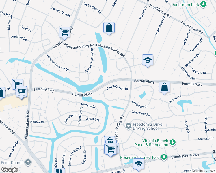 map of restaurants, bars, coffee shops, grocery stores, and more near 4864 Fountain Hall Drive in Virginia Beach