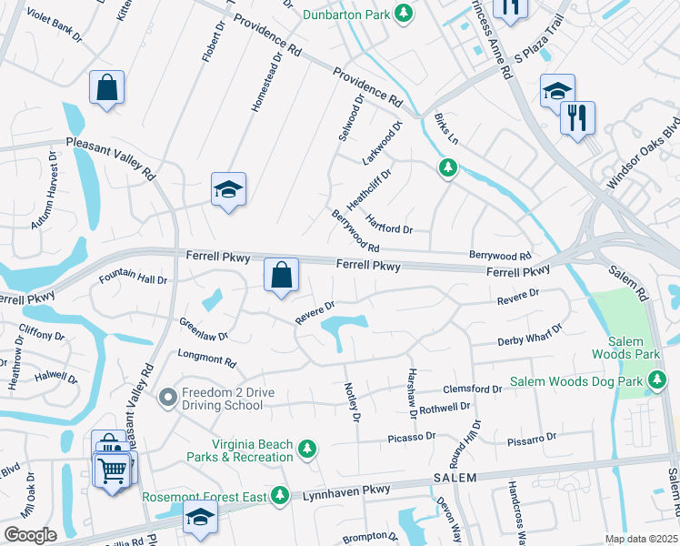 map of restaurants, bars, coffee shops, grocery stores, and more near 1404 Shelborne Court in Virginia Beach