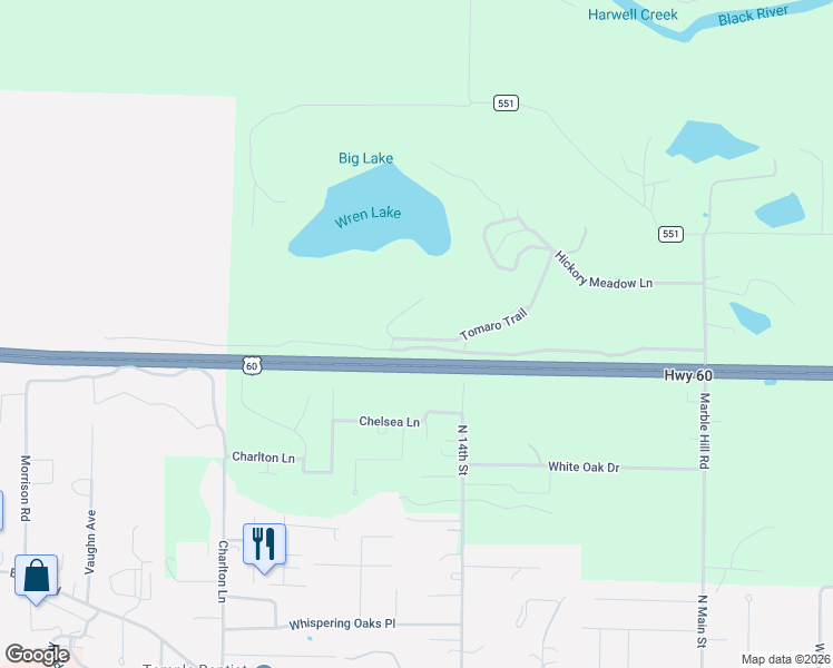 map of restaurants, bars, coffee shops, grocery stores, and more near 419 Tomaro Trail in Poplar Bluff
