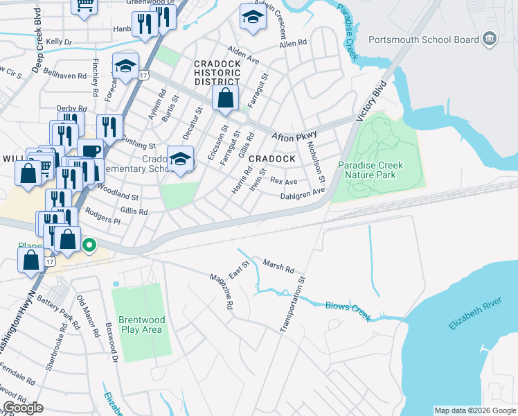 map of restaurants, bars, coffee shops, grocery stores, and more near 12 Jenkins Place in Portsmouth