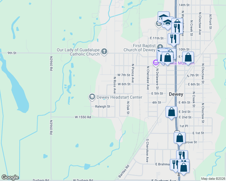 map of restaurants, bars, coffee shops, grocery stores, and more near 517 North Ross Avenue in Dewey