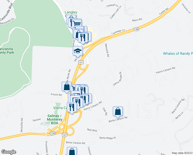 map of restaurants, bars, coffee shops, grocery stores, and more near 17779 Vierra Canyon Road in Salinas